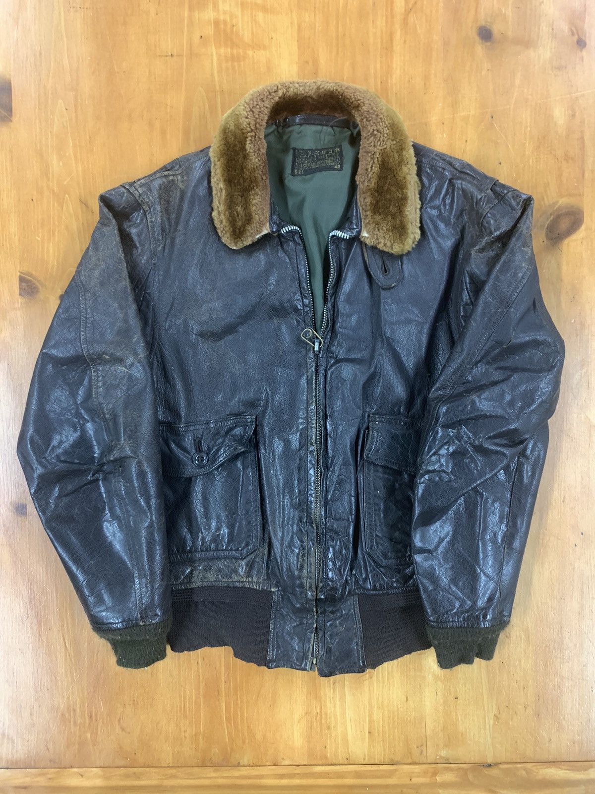 image of Leather Jacket x Military Vintage Wwii 1940S 1950S Fur G-1 Leather Flight Jacket in Brown (Size Med