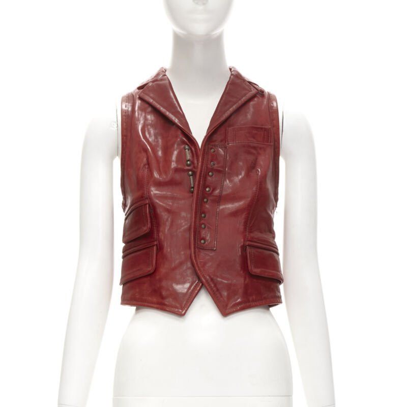 Dsquared2 DSQUARED2 Y2K distressed red leather hook bar cropped vest S Size S / US 4 / IT 40 - 1 Thumbnail