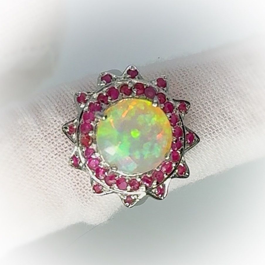 Nordstrom 14k White Gold over Silver Ethiopian Opal and Ruby Ring! Size ONE SIZE - 1 Thumbnail