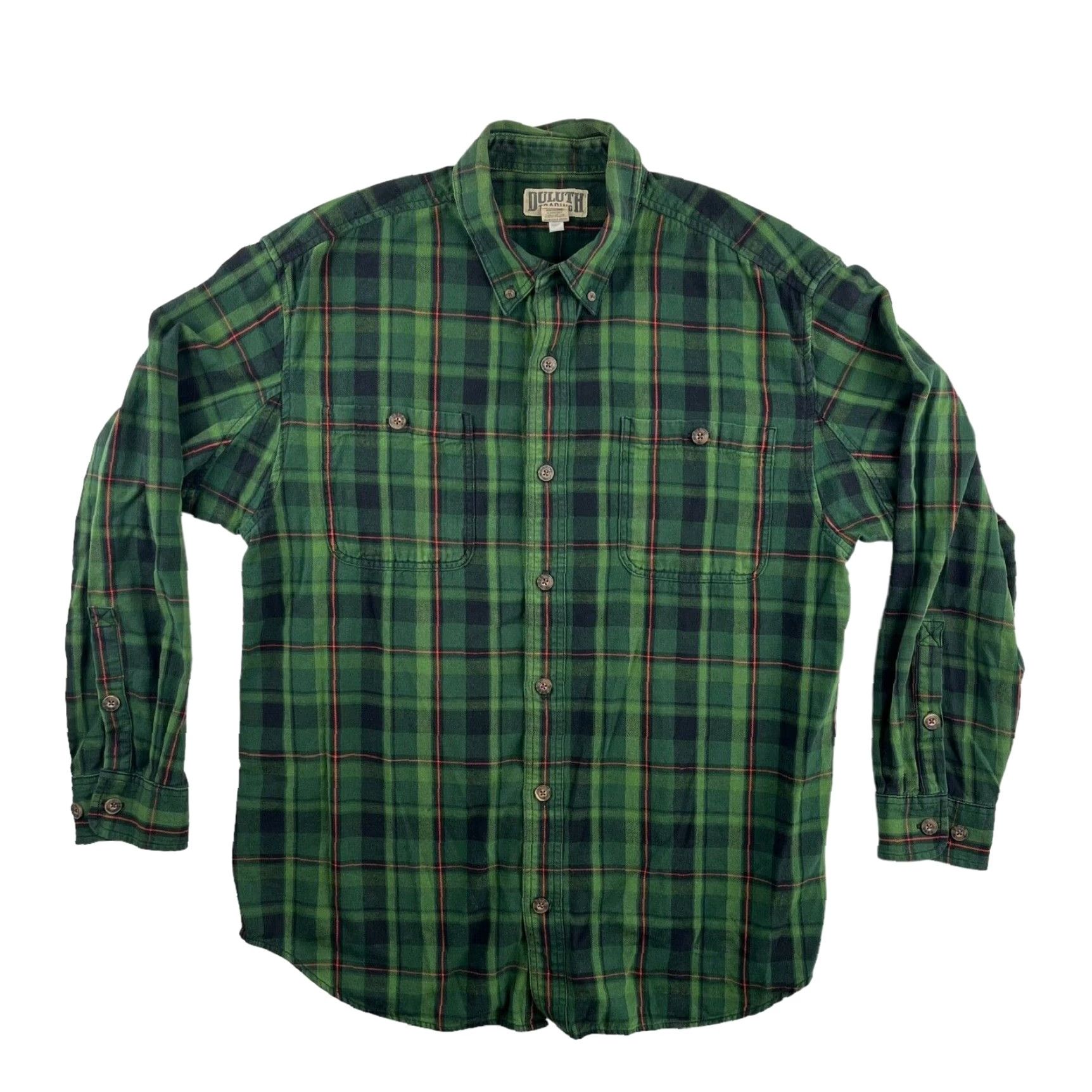 Duluth Duluth Trading Co. Men's Green Plaid Cotton Twill Button-Down Shirt LARGE Size L Regular Button-Up Button-Down Collar Style Button-Front Men's