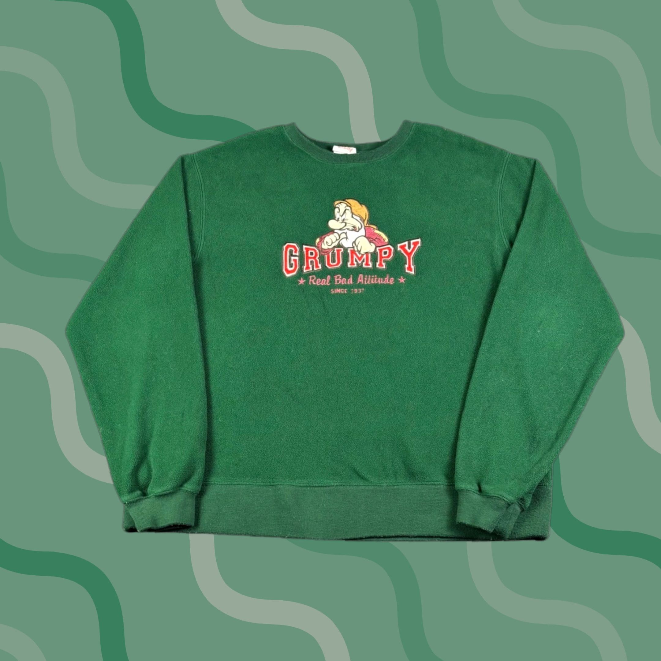 Disney VINTAGE Disney Store Grumpy Fleece Sweatshirt Green Large Men Crew Neck Cable-Knit Graphic Print Logo Embroidered Size US L / EU 52-54 / 3 - 1 Thumbnail