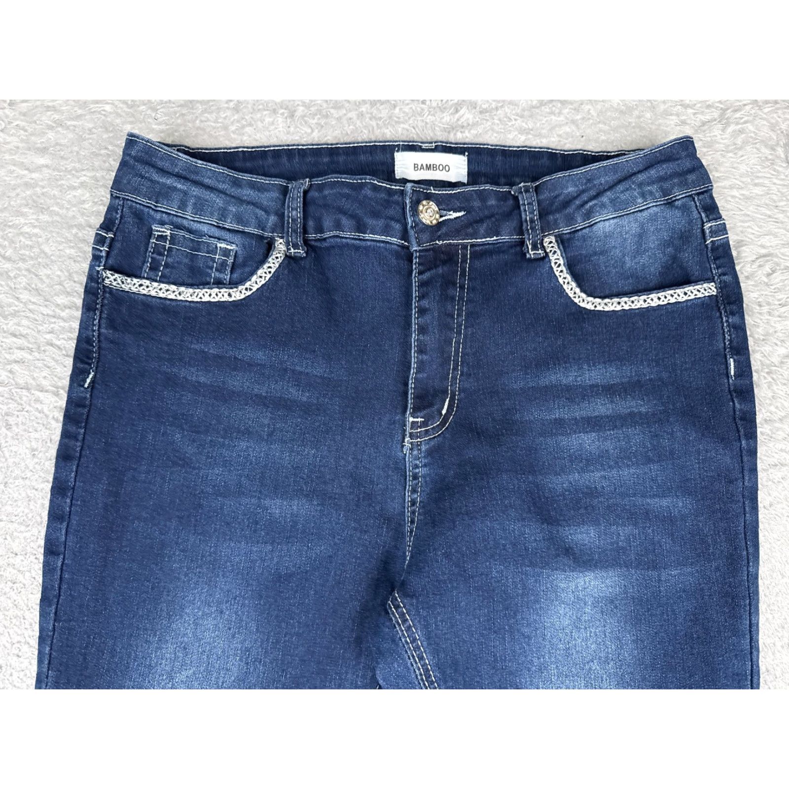 Vintage Bamboo Jeans Juniors 13 Blue Medium Wash Mid Rise Flare Crochet 30x30 Denim Size 34" / US 12 / IT 48 - 4 Thumbnail