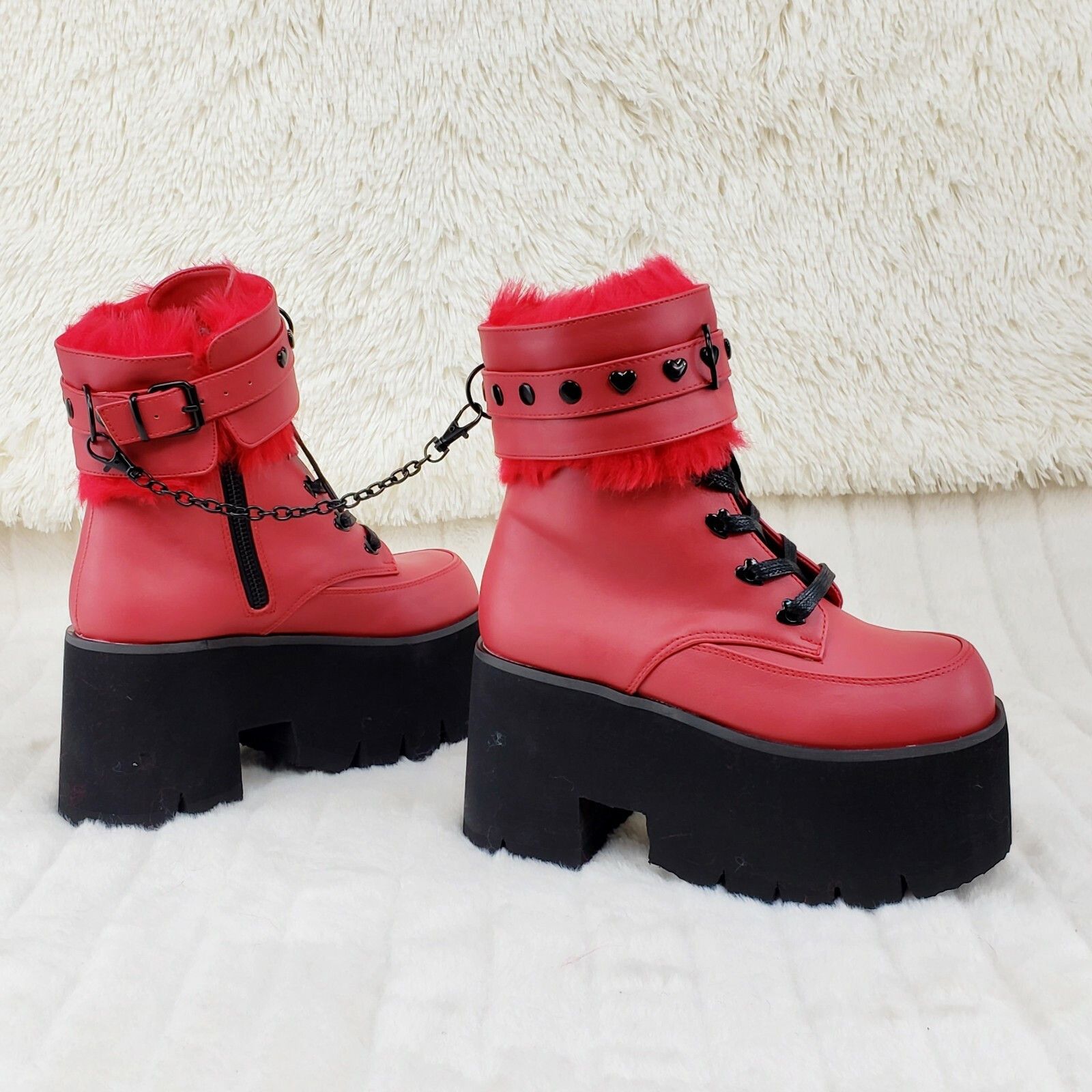 Other Ashes 57 RED Heart Studs 3.5" Platform Goth Boots Fur Lined Size US 10 / IT 40 - 2 Thumbnail