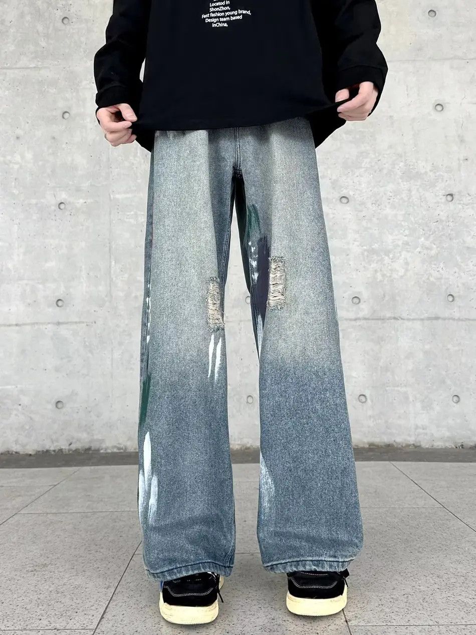 Japanese Brand Retro wide leg straight leg loose ripped jeans Size US 34 / EU 50 - 6 Thumbnail