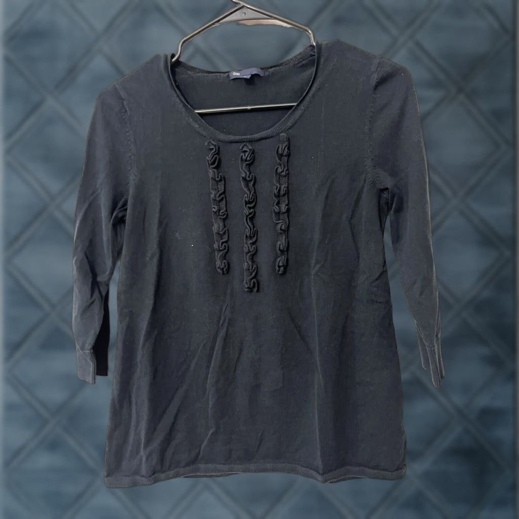 Gap VINTAGE GAP Women's Blouse 3/4 Sleeve Black Tunic Solid Cotton Sequin Button Front Size S Womens Size S / US 4 / IT 40 - 1 Thumbnail
