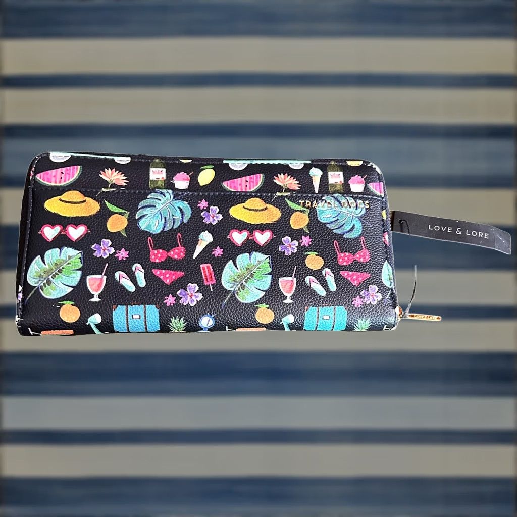 Vintage Love & Lore Travel Documents Foldover Wallet Tropical Vacation Print Women’s NWT Wristlet Credit Card Folding Blue Geometric Tropic Theme Women Size ONE SIZE - 1 Thumbnail