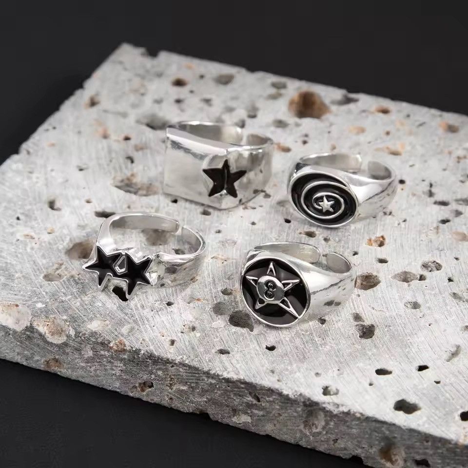 Jewelry 4pcs set Punk Hip Hop Star Geometric Streetwear Rings Size ONE SIZE - 8 Thumbnail