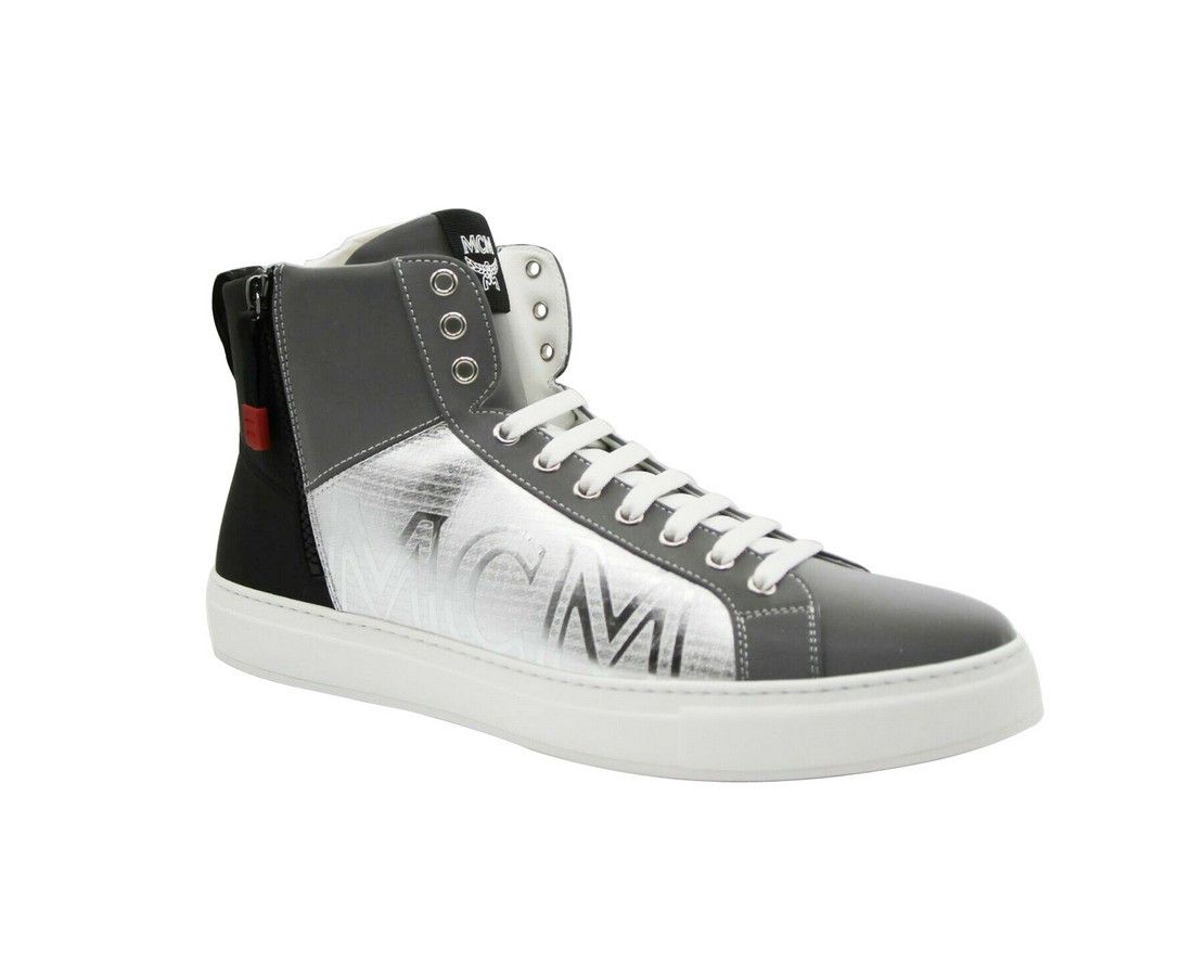 MCM Men's Silver / Black Reflective Leather Logo Hi Top Sneaker Size US 9 / EU 42 - 1 Thumbnail