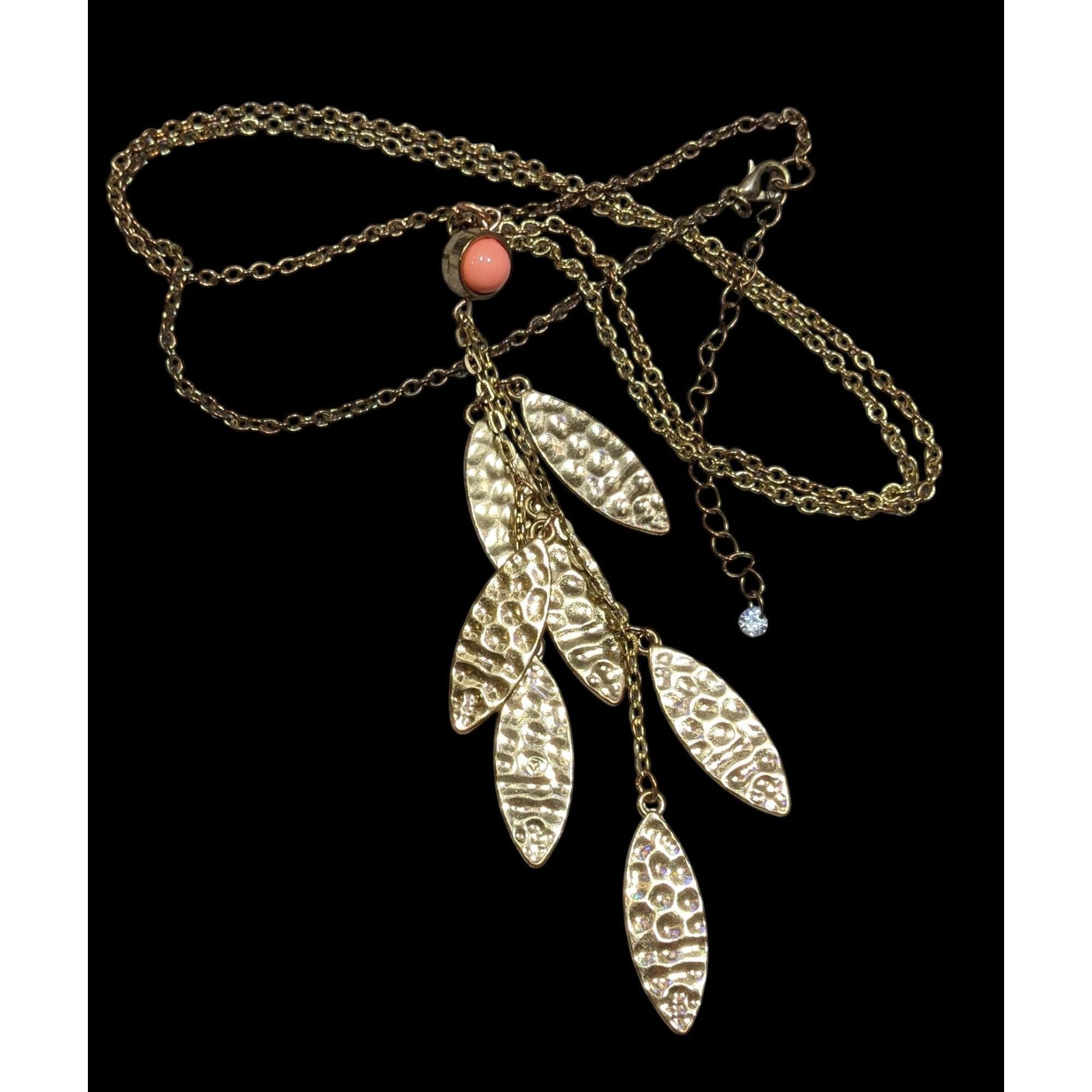 Other Bohemian Hammered Leaf Tassel Necklace Gold Tone With Orange Size ONE SIZE - 1 Thumbnail