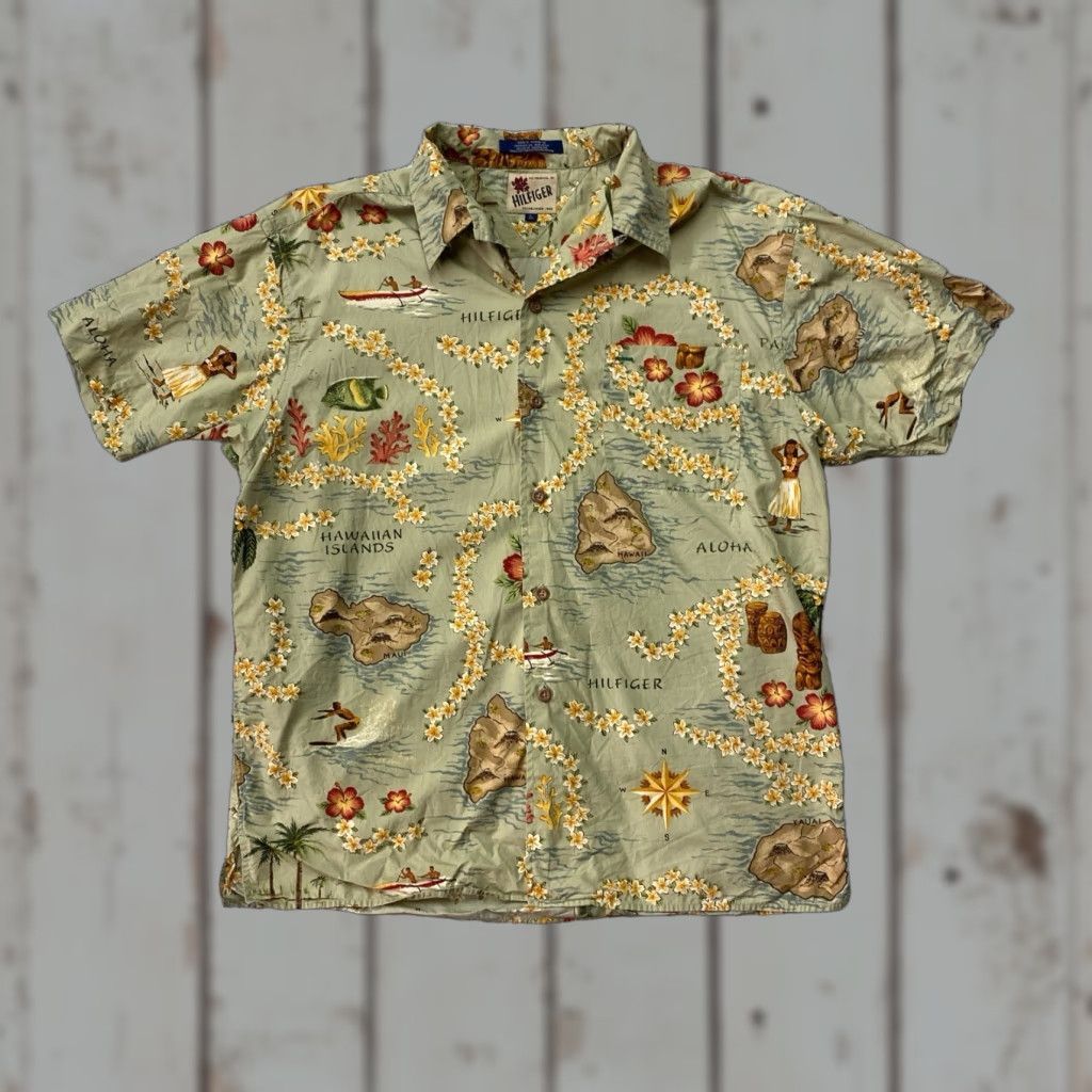 Tommy Hilfiger VINTAGE Tommy Hilfiger Loop Button Mens Hawaiian Button-Down Shirt Large Cream Cotton Size US L / EU 52-54 / 3 - 1 Thumbnail