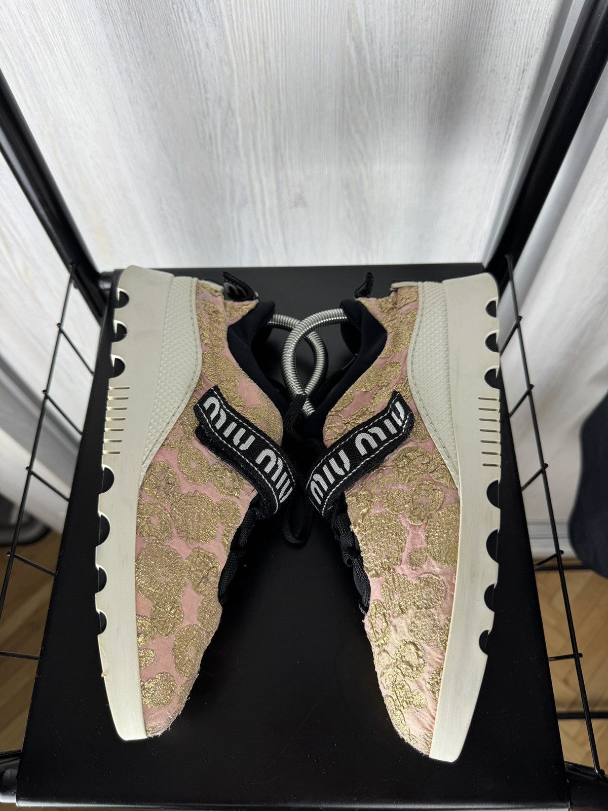 Miu Miu MIU MIU Prada Pink Gold Platform Sneakers With Logo Strap 40 Size US 10 / IT 40 - 10 Thumbnail