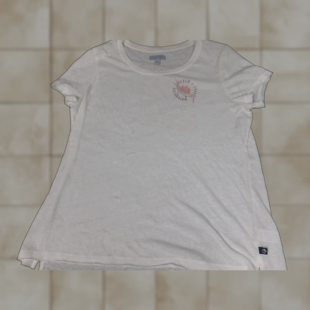 Vintage Ocean & Coast Blouse Womens L White Short Sleeve Crew Neck Button Fish Beach Casual Shirt Size L / US 10 / IT 46 - 1 Thumbnail