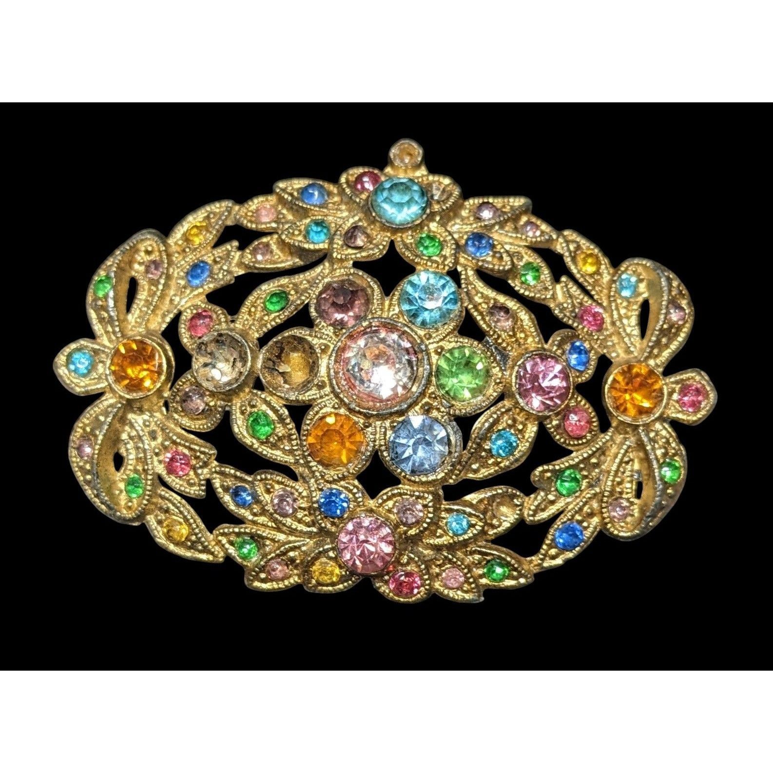 Other Vintage Floral Brooch Gold Tone With Rainbow Rhinestones Size ONE SIZE - 1 Thumbnail