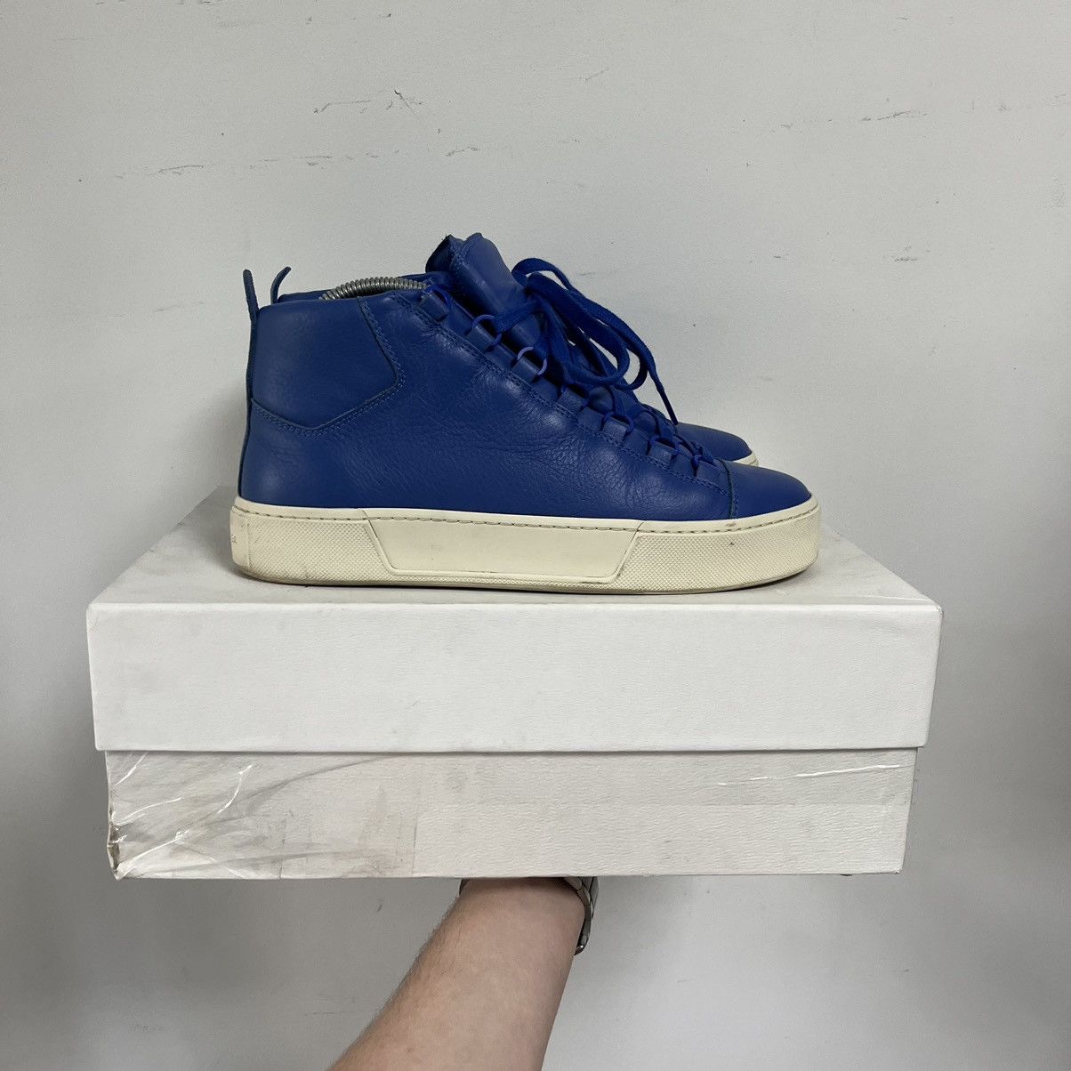 Balenciaga Arena High-Top Leather Sneakers Shoes in Blue, Men's (Size 8.5)