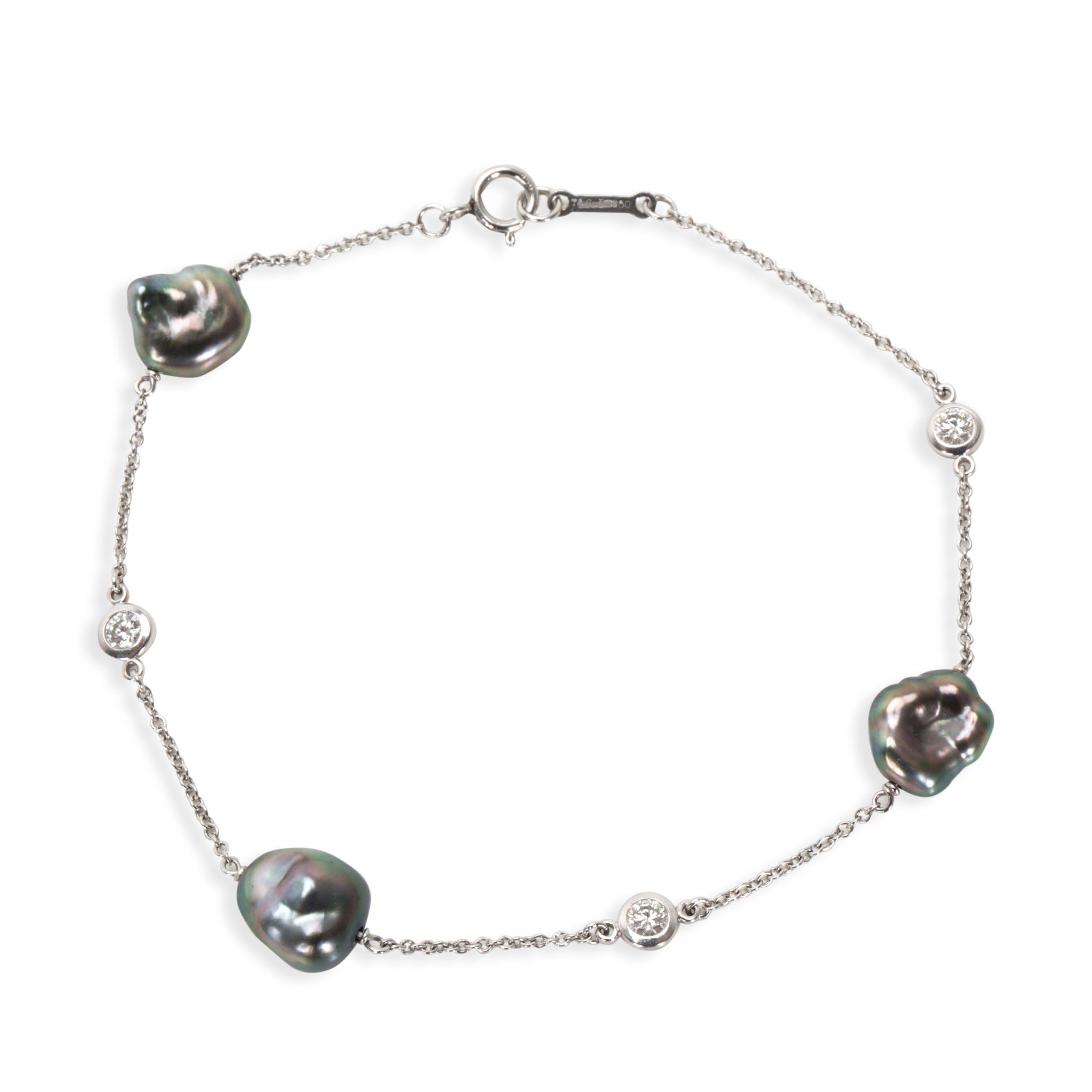 image of Tiffany Co Tiffany & Co. Elsa Peretti Diamond & Tahitian Keshi Pearl Bracelet In Platinum in Silver