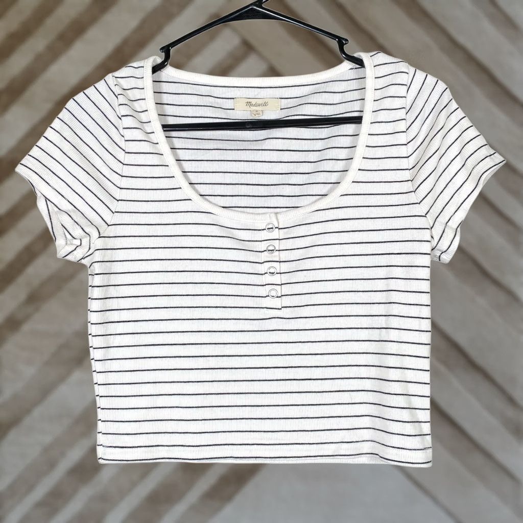 Madewell Madewell Shirt White Black Striped Cropped Short Sleeve Stretch Medium Women’s T-Shirt Casual Everyday Size M / US 6-8 / IT 42-44 - 1 Thumbnail