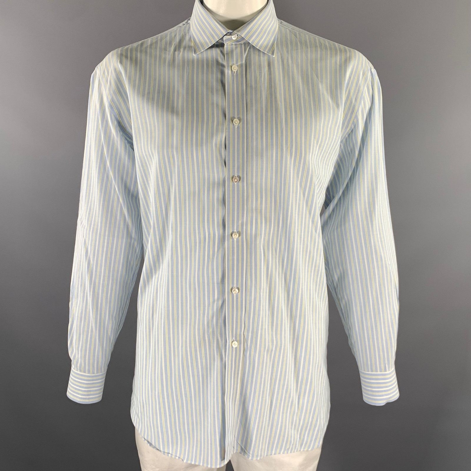Bergdorf Goodman BERGDORF GOODMAN XL Blue Yellow Stripe Cotton L/S Shirt Size US XL / EU 56 / 4 - 1 Thumbnail