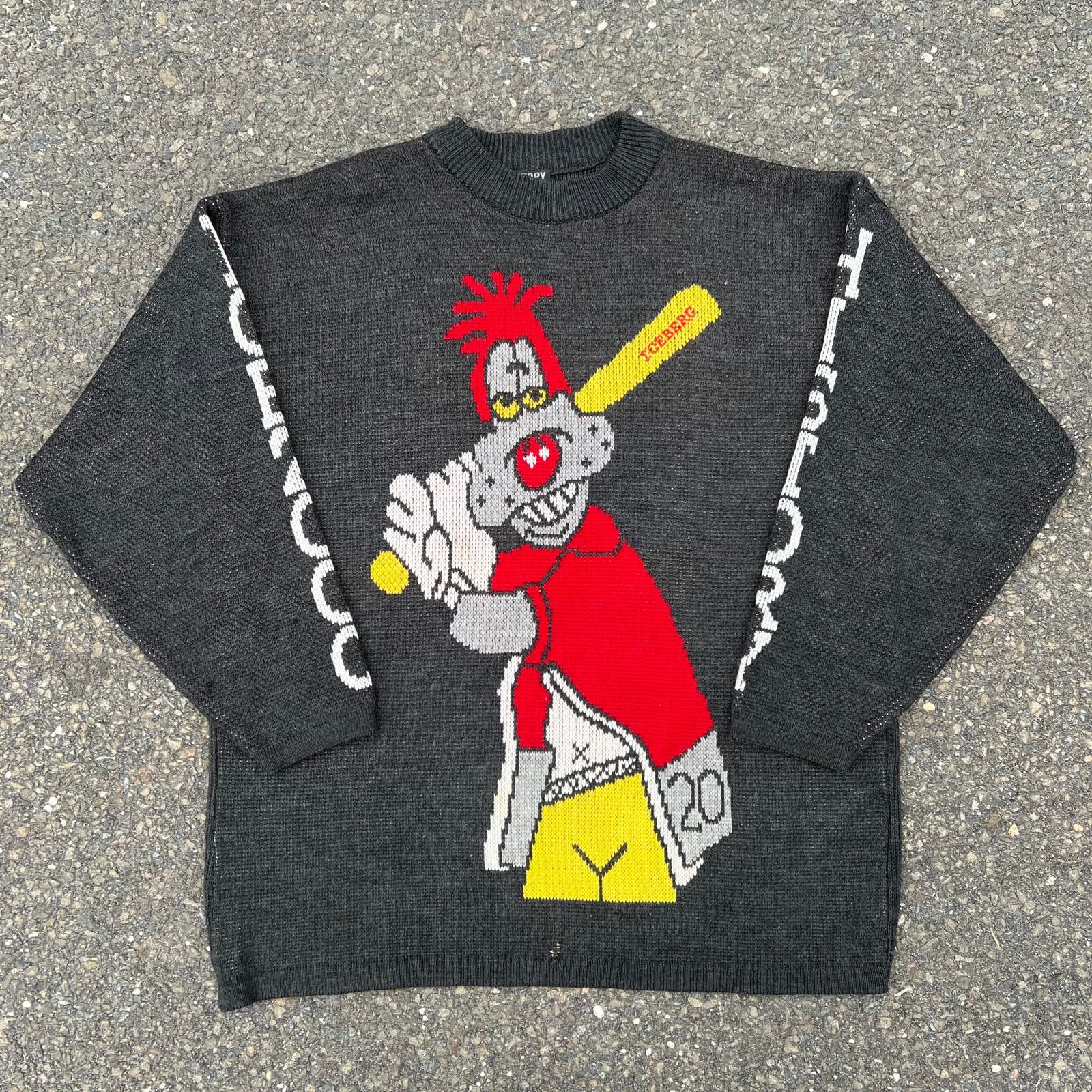 image of Vintage Iceberg History Italy Crewneck Knit Cartoon Sweater in Black, Men's (Size XL)