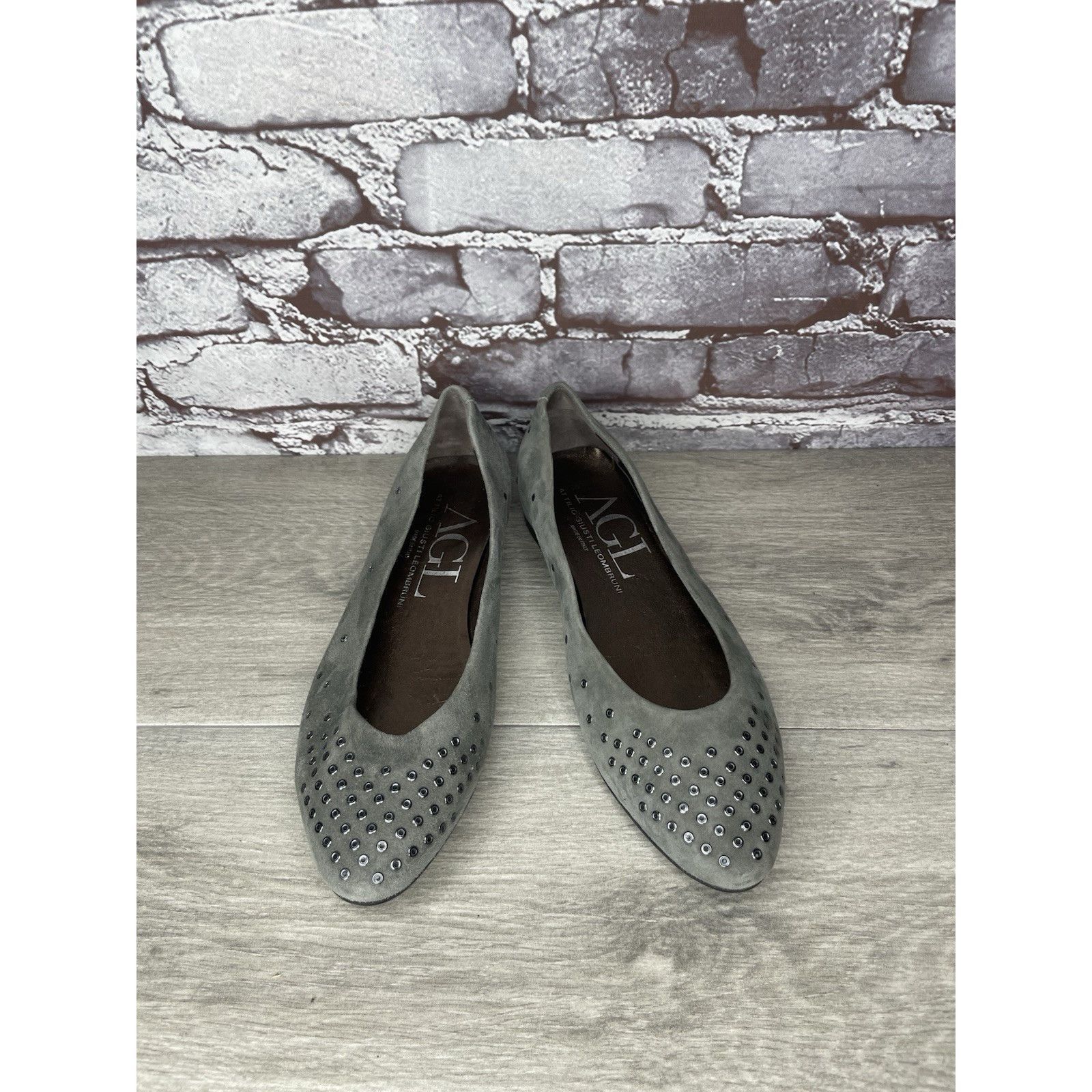 AGLINI AGL Grommet Gray Suede Leather Studded Pointed Toe Flats Wom Size US 7.5 / IT 37.5 - 19 Thumbnail