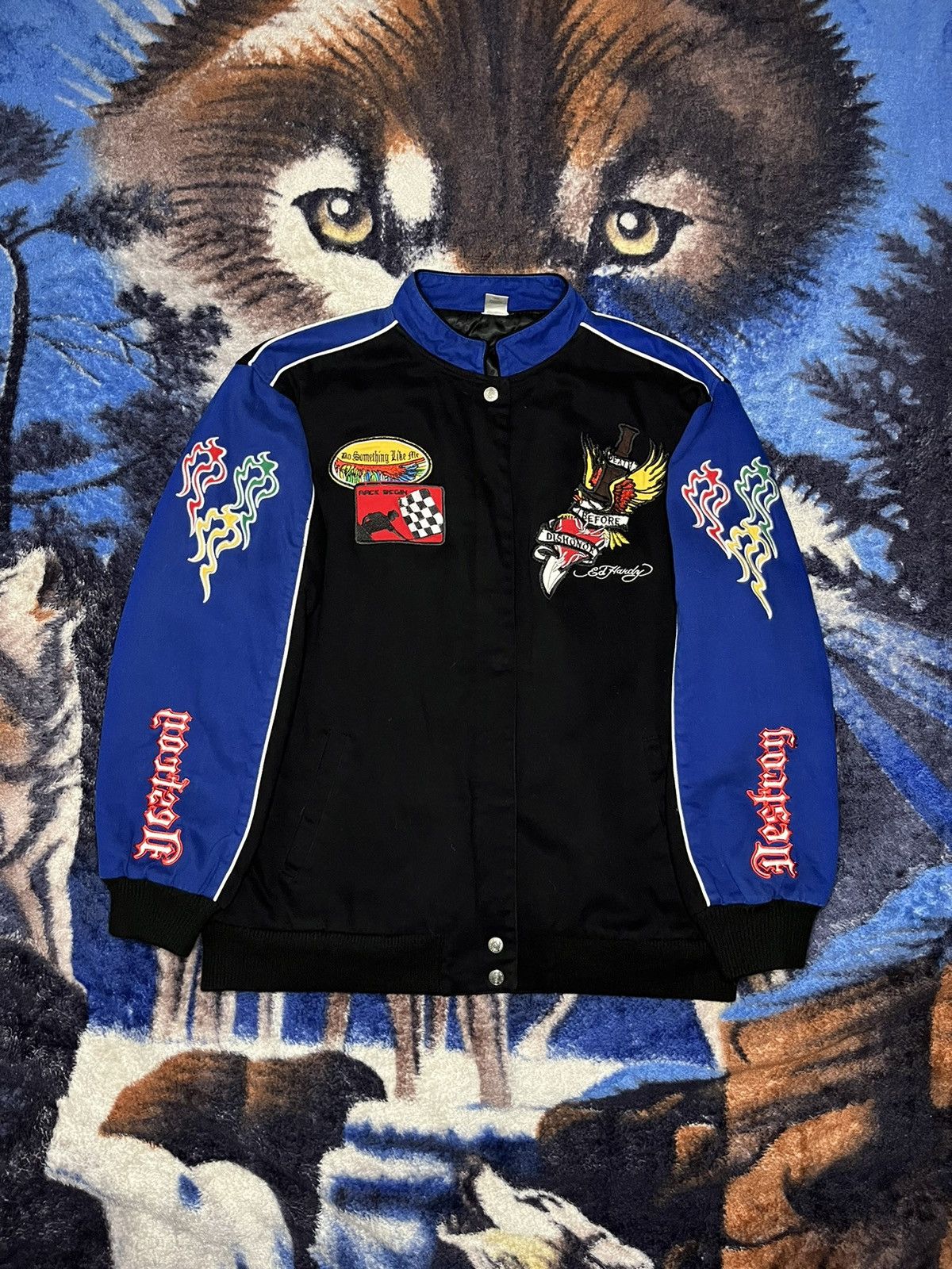 image of Vintage Ed Hardy Blue Axes W/ Patches Race Jacket in Black, Men's (Size XL)