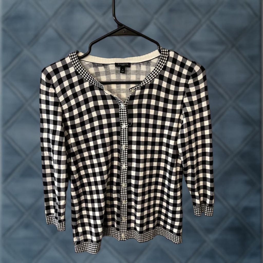 Talbots Talbots Cardigan Sweater Shirt Women PP Petite Black White Plaid Check Knit Cotton Rayon Button Up Winter Fall Spring Vintage No N/A Size XXS / US 00 / IT 34 - 1 Thumbnail