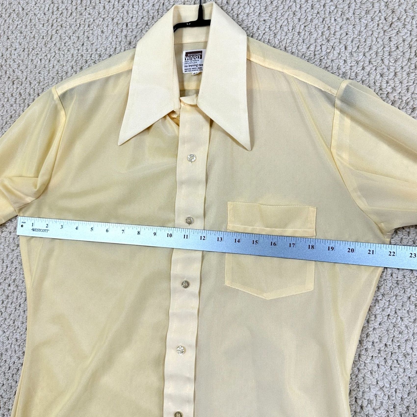 Vintage VINTAGE Montgomery Ward Shirt Men 15-33 Yellow Disco Sheer Lightweight Dagger Collar Button-Front Long Sleeve 1970s Mod Hippie Disco Clubwear Mens Size US M / EU 48-50 / 2 - 6 Thumbnail