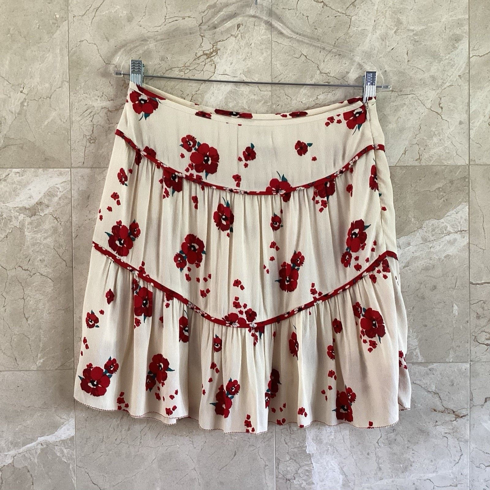 ba&sh ba&sh Bia Lady Mini Skirt Ecru Red Floral Tiered, Size 1 US6 Size 28" / US 6 / IT 42 - 1 Thumbnail