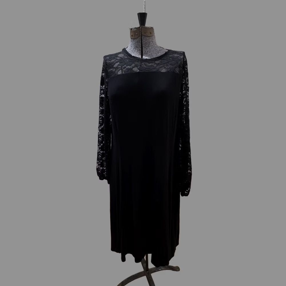 Apt. 9 Apt. 9 Black Lace Yoke A-Line Dress Women L Long Sleeve High Neck Zip Solid Dress Size L / US 10 / IT 46 - 1 Thumbnail