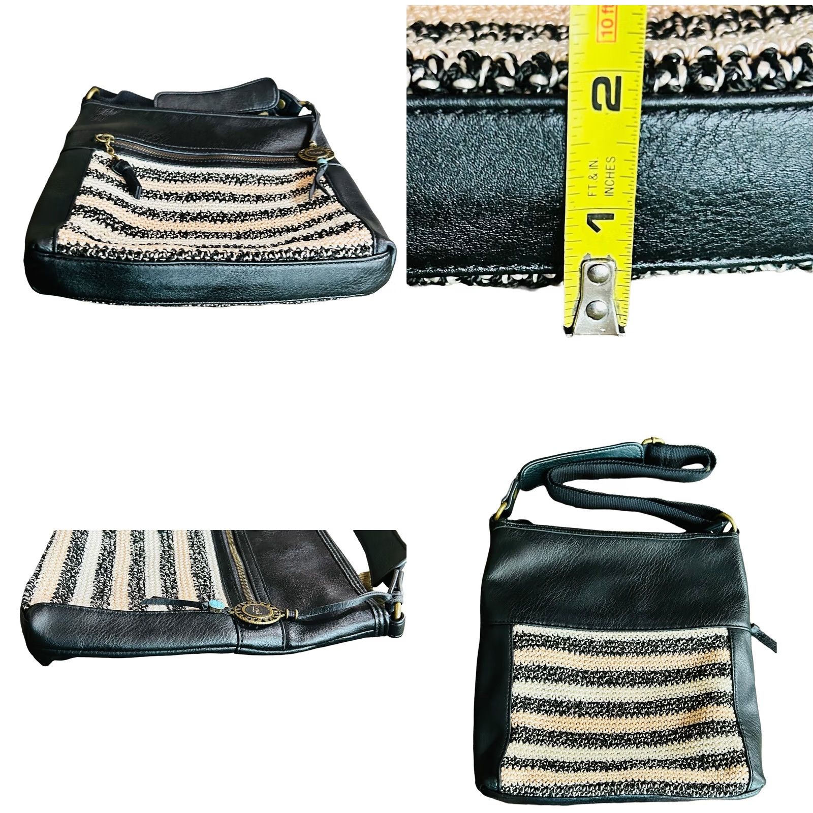 The Sak VINTAGE The Sak Black Faux Leather Hobo Bag Shoulder Purse Crochet Trim Boho Women’s Size ONE SIZE - 8 Thumbnail