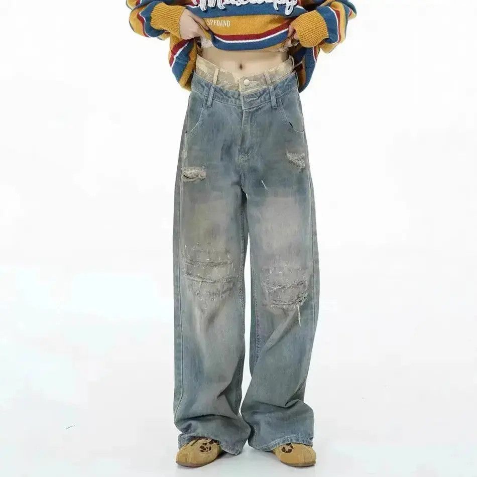 Japanese Brand Retro loose straight leg wide leg ripped jeans Size US 32 / EU 48 - 4 Thumbnail