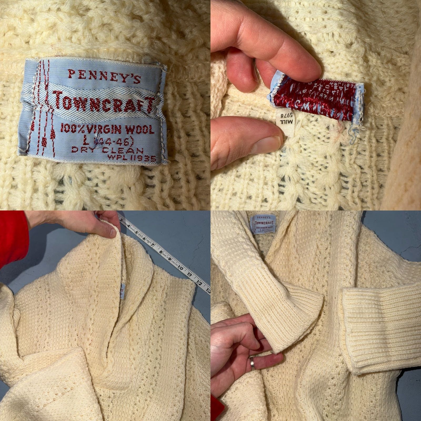 JCPenney Penneys Sweater Mens L Cream Wool Knit Shawl Collar Fisherman Heritage Rockabilly 1950s Size US L / EU 52-54 / 3 - 8 Thumbnail