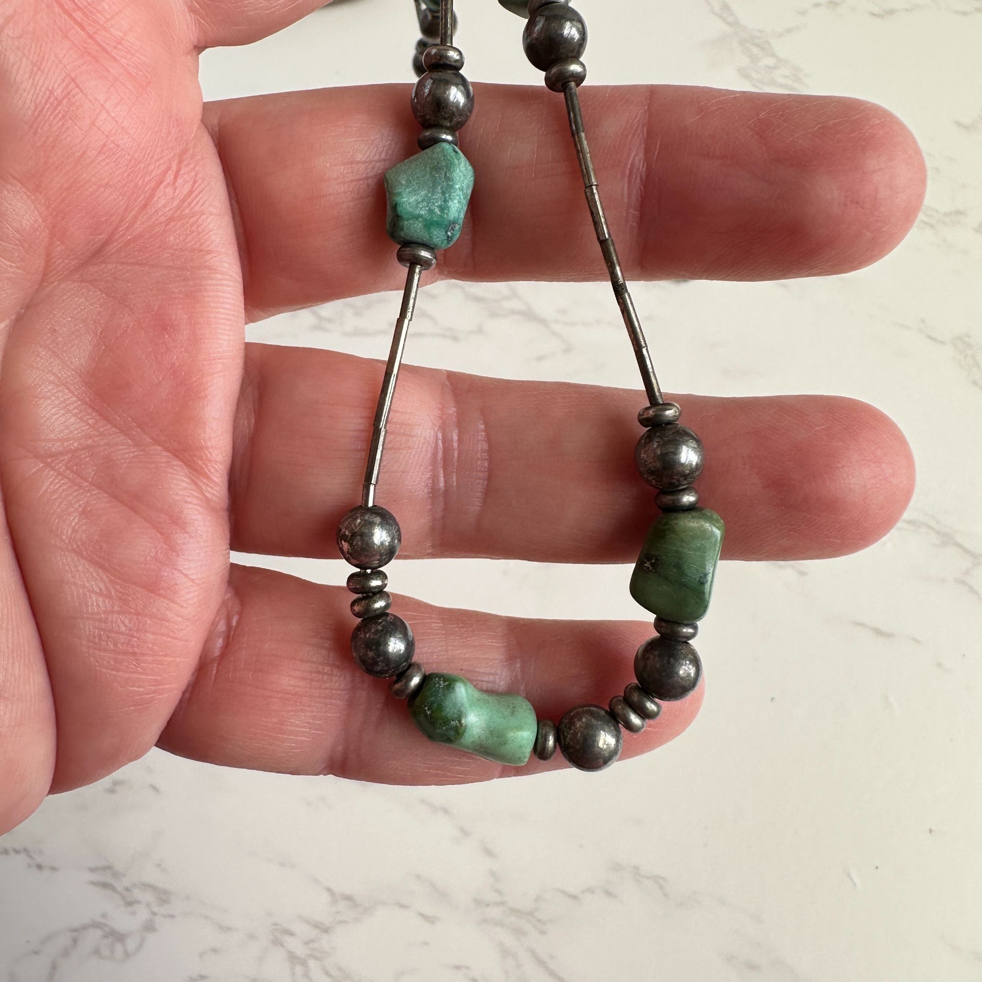 Sterling Silver Vintage Turquoise Nugget Hematite Bead Liquid Silver Necklac Size ONE SIZE - 6 Thumbnail