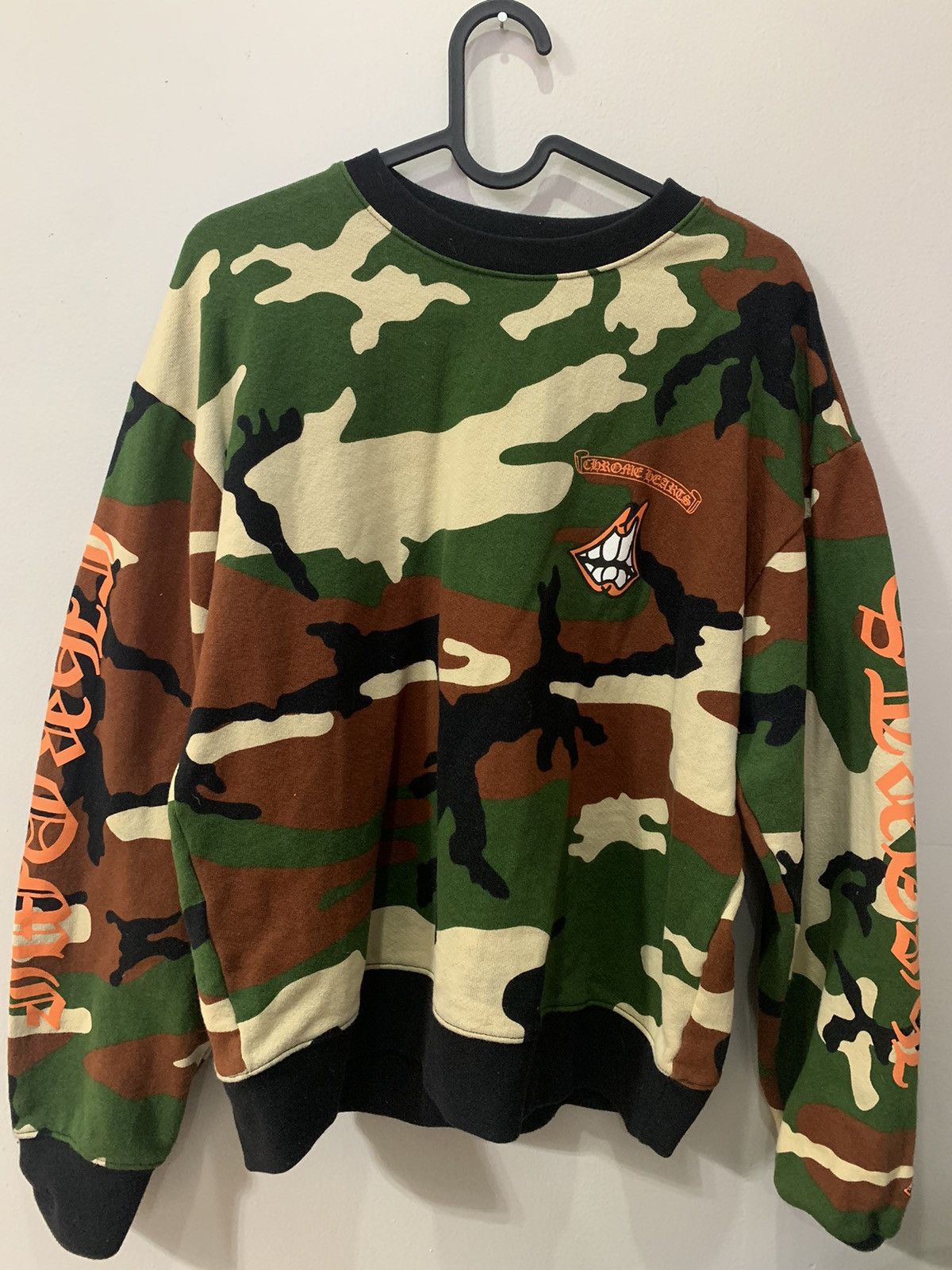 image of Chrome Hearts Matty Boy Caution Crewneck in Camo, Men's (Size Medium)