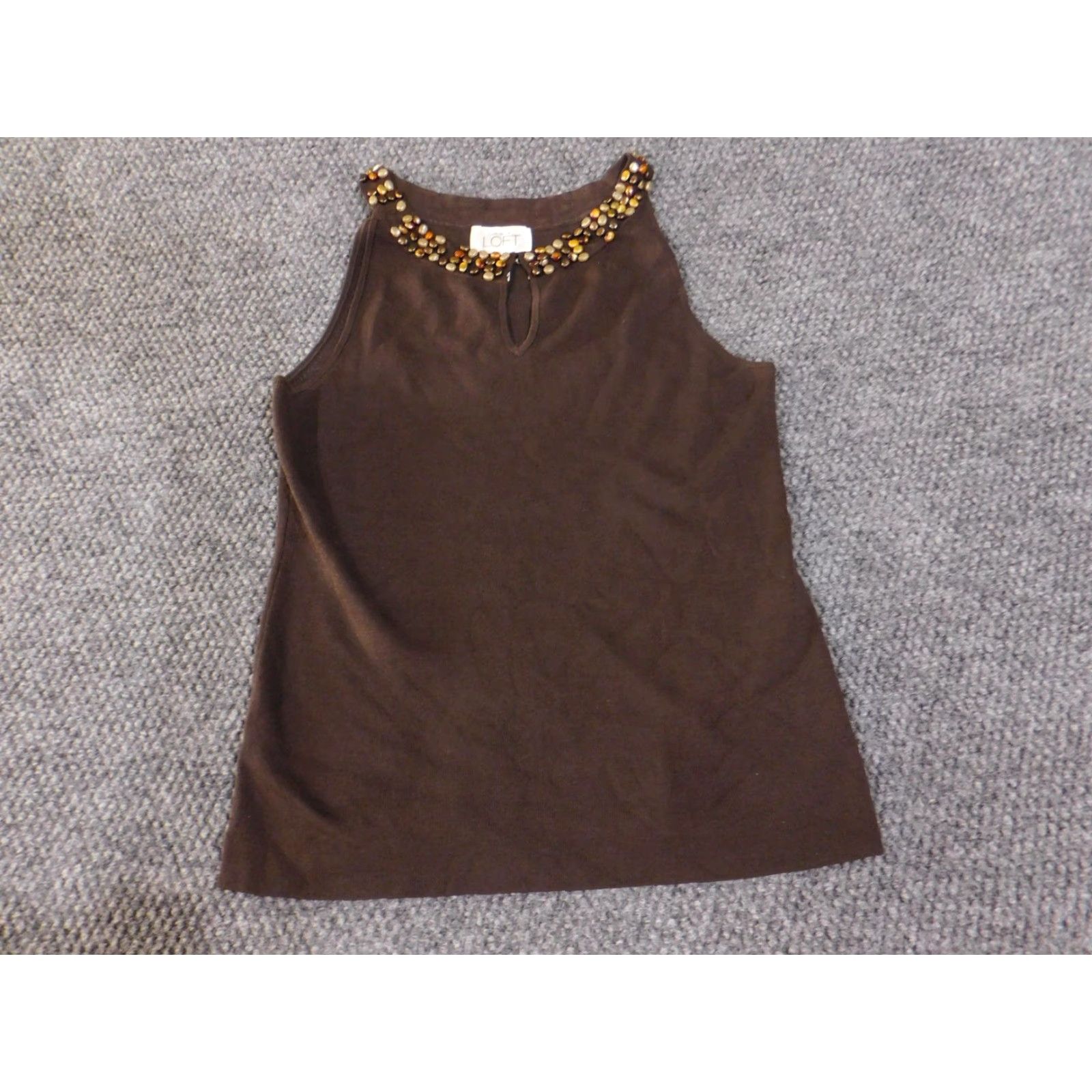 Loft VINTAGE Ann Taylor LOFT Tank Top Womens Small Brown Beaded Silk Blend Keyhole Neck Knit Size S / US 4 / IT 40 - 4 Thumbnail