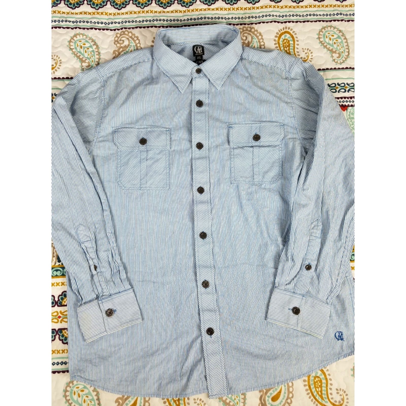 Vintage CAVI Mens Button-Up Dress Shirt XL Blue Pinstripe Military Style Shirt Mens XL Blue Pinstripe Size 46R - 2 Thumbnail