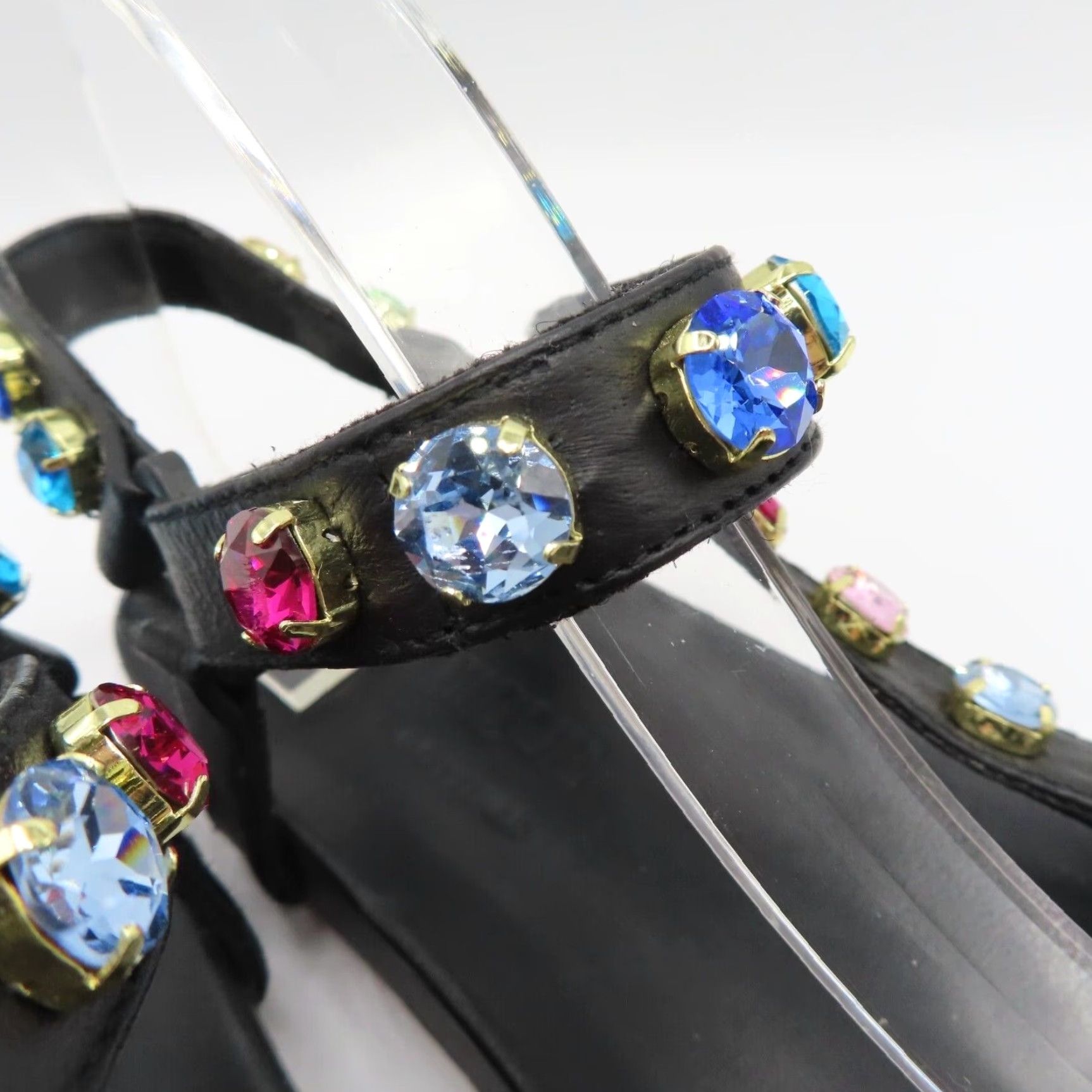 Rainbow Mystique Stephanie Gottlieb Women Sandal 8 Rainbow Rhinestone Hook Loop Leather Black Leather Sandals Womens Shoes Size US 8 / IT 38 - 7 Thumbnail