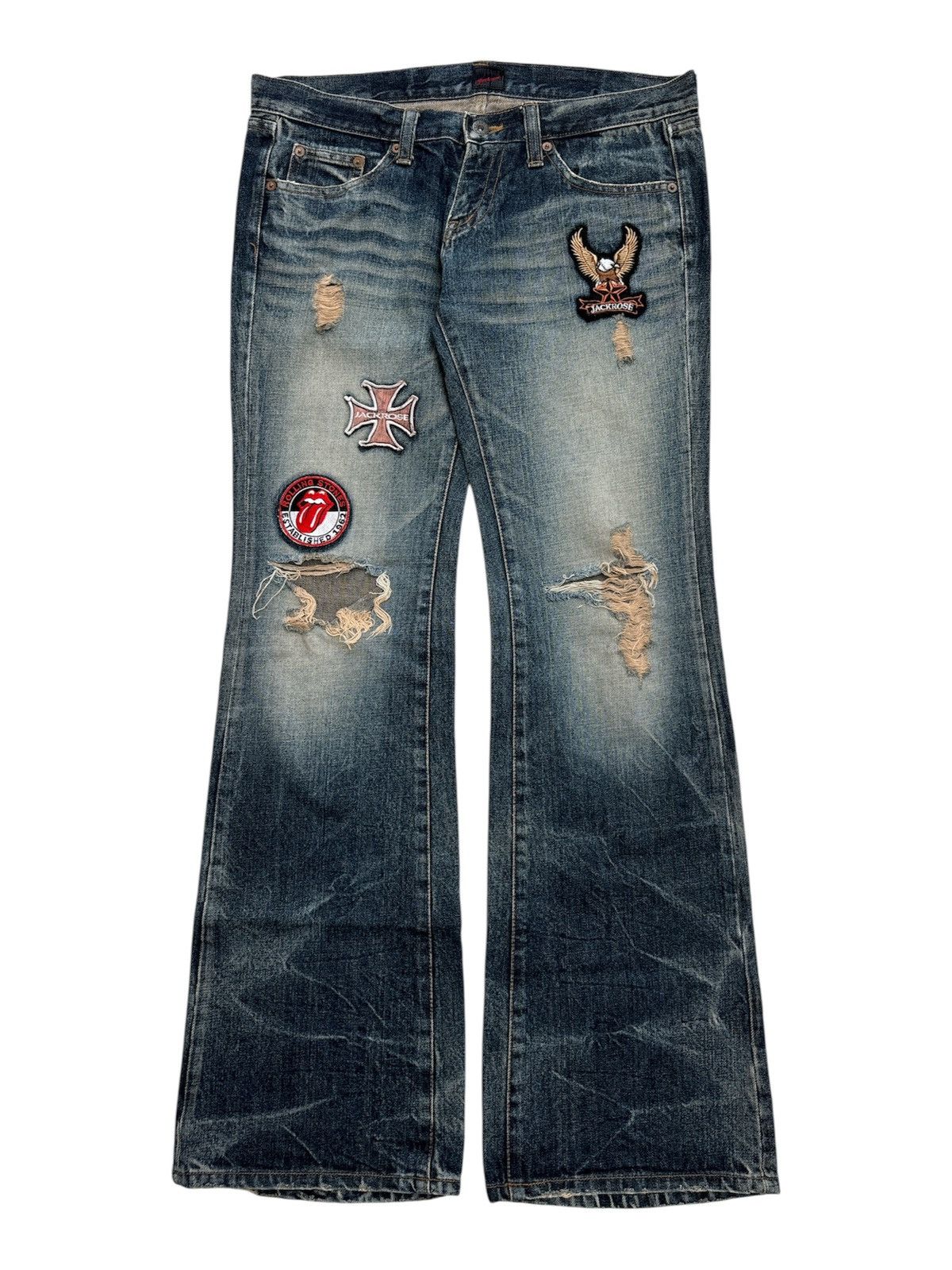 Tornado Mart JACKROSE Patchwork Distressed Flare Jeans Size US 33 - 1 Thumbnail