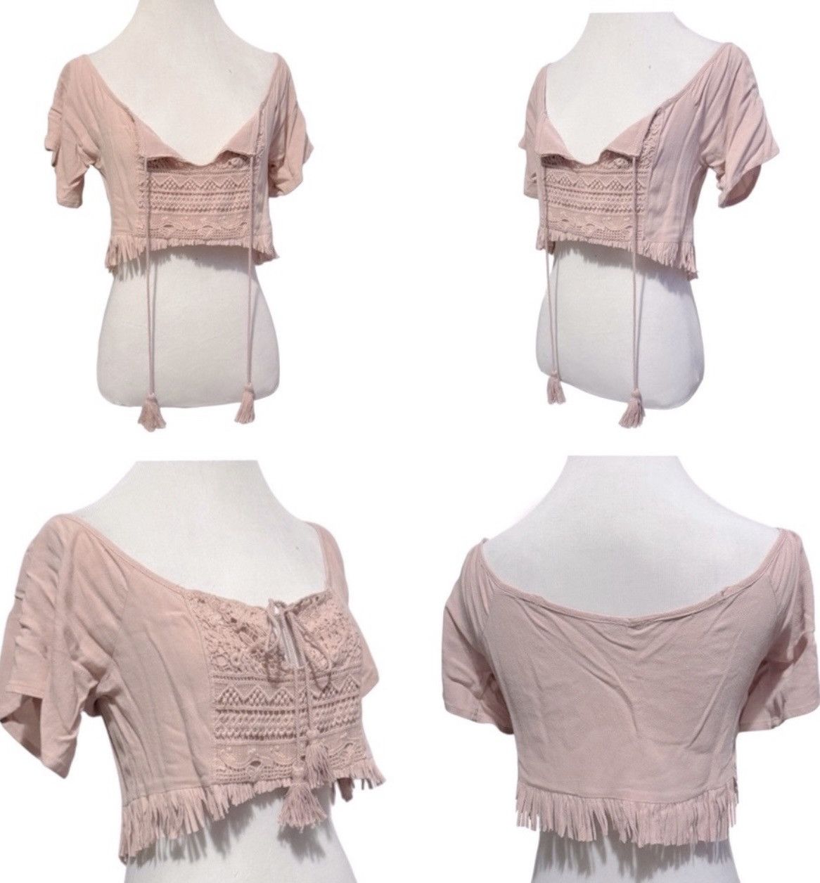 Vintage Vintage, Rose Blush, Peasant Style, Fringed Hem, Crop Top Size ONE SIZE - 14 Thumbnail