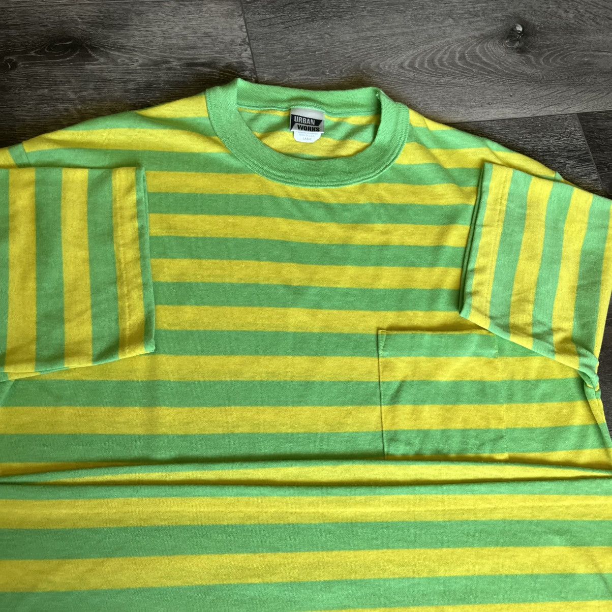 Vintage Vintage 1990s Green Yellow Striped Pocket Blank Tee Shirt Size US L / EU 52-54 / 3 - 5 Thumbnail
