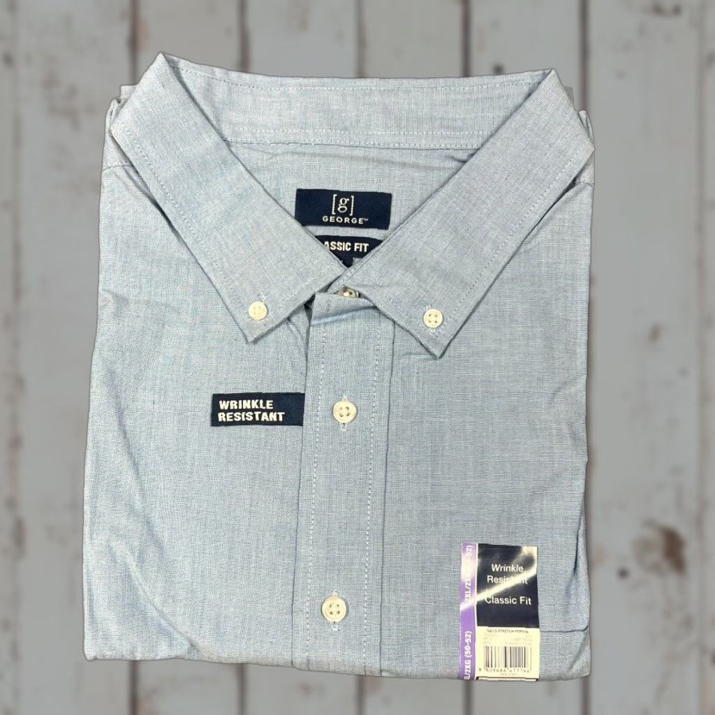 George George Mens 2XL Blue Poplin Classic Fit Stretch Long Sleeve Button Down NWT Size US XXL / EU 58 / 5 - 1 Thumbnail