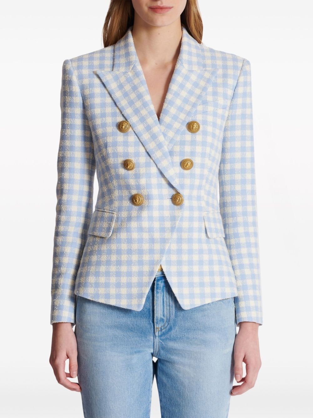 Balmain o1s1wg110825 Gingham Pattern Double Breasted Blazer in Blue Size M / US 6-8 / IT 42-44 - 2 Thumbnail