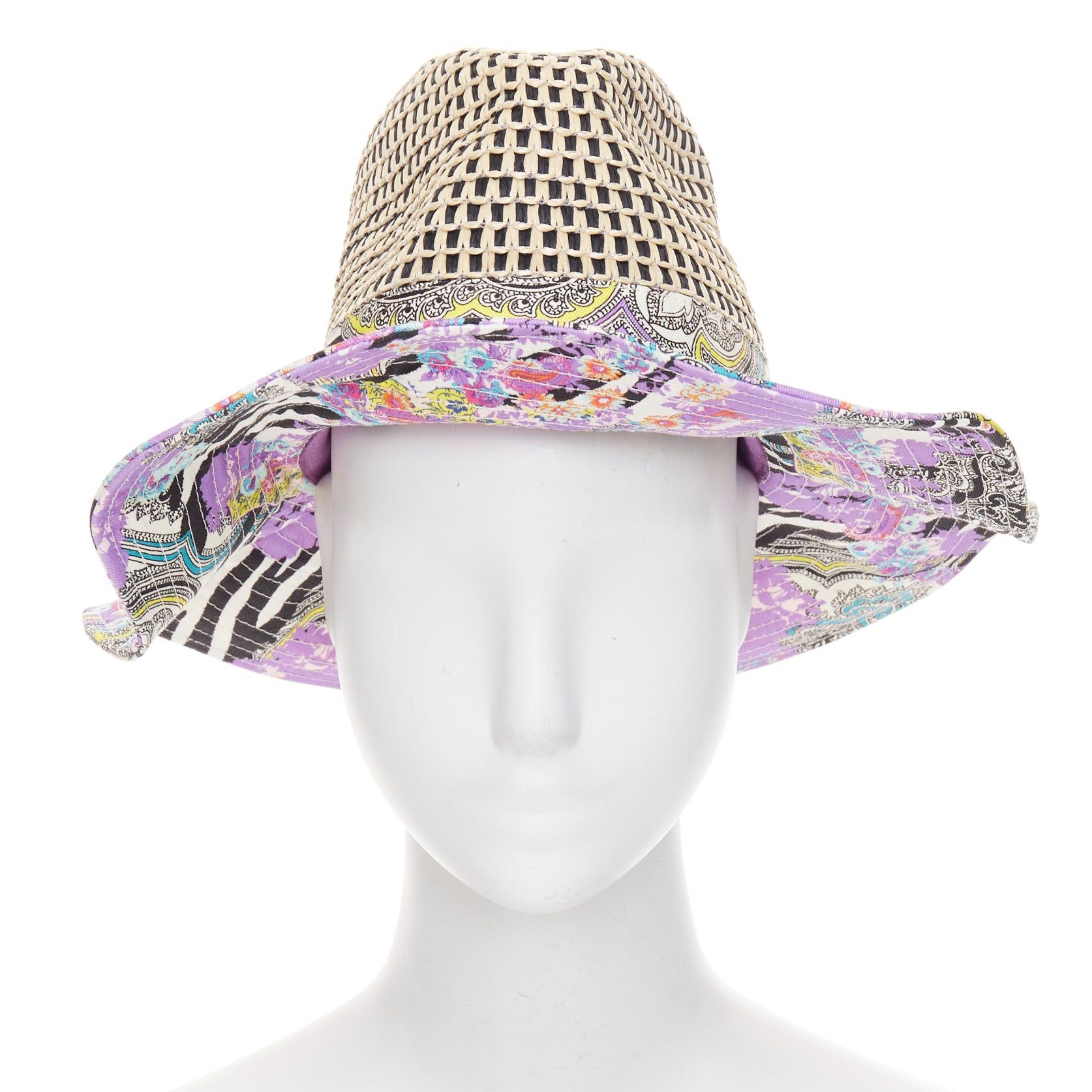 Etro ETRO purple cotton blend paisley print beige raffia jute floppy hat S Size ONE SIZE - 1 Thumbnail