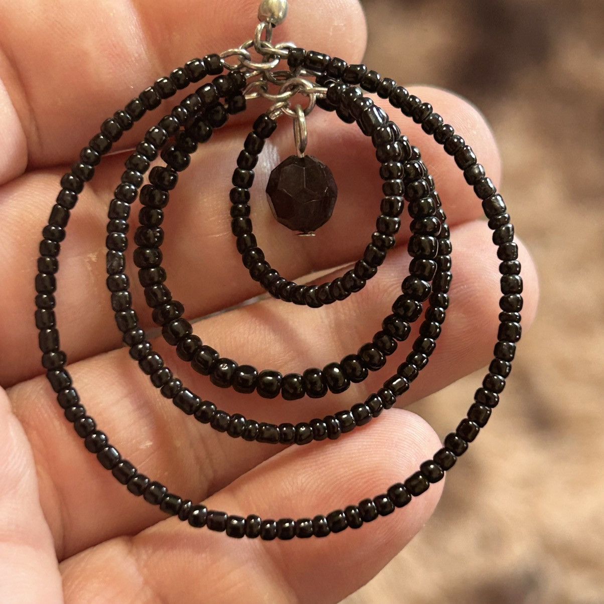 Handmade Handcrafted black seed bead ring pendant on chain necklace Size ONE SIZE - 5 Thumbnail