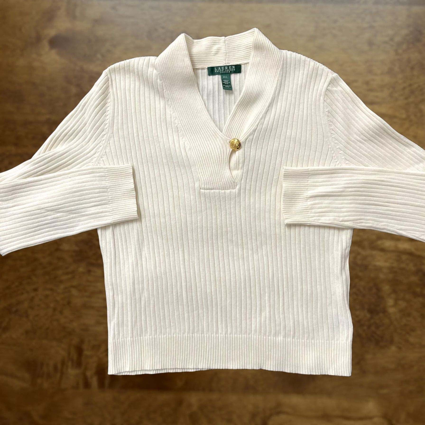 Ralph Lauren VINTAGE Lauren Ralph Lauren Sweater Womens Petite Large White Ribbed Shawl Collar Cotton Size L / US 10 / IT 46 - 1 Thumbnail