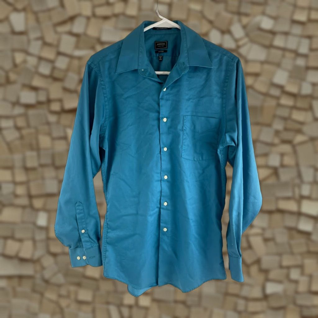 Arrow Arrow Shirt Men 14.5 32/33 Blue Sateen Fitted Button-Up Long Sleeve Pocket Size US M / EU 48-50 / 2 - 1 Thumbnail