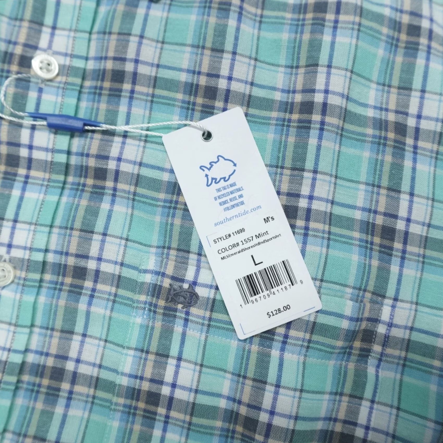 Southern Tide Southern Tide Emerald Shores Plaid Headland LS Plaid Sport Shirt L Mint Mens Button-Up Size US L / EU 52-54 / 3 - 4 Thumbnail