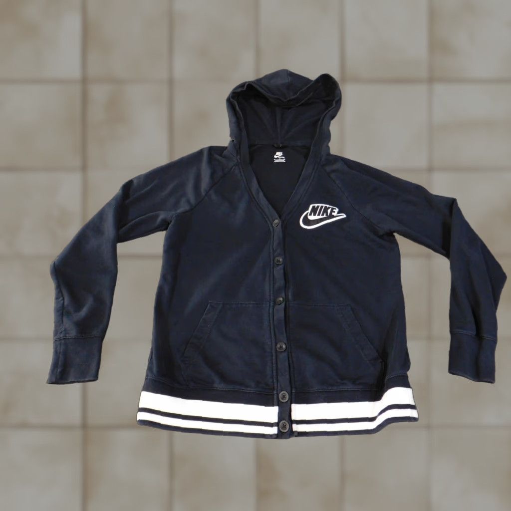 Nike Hoodie Sweater Womens XL Navy Blue Button Cardigan Sportswear Cotton Retro