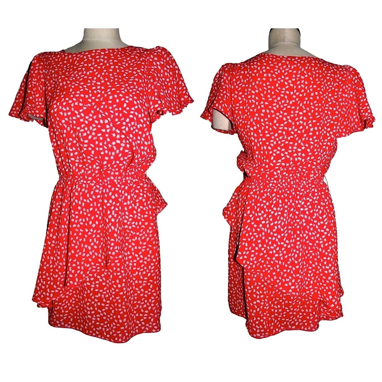 Vintage 90's Red & White Small Print Dress with Flounce | Small Size S / US 4 / IT 40 - 1 Thumbnail