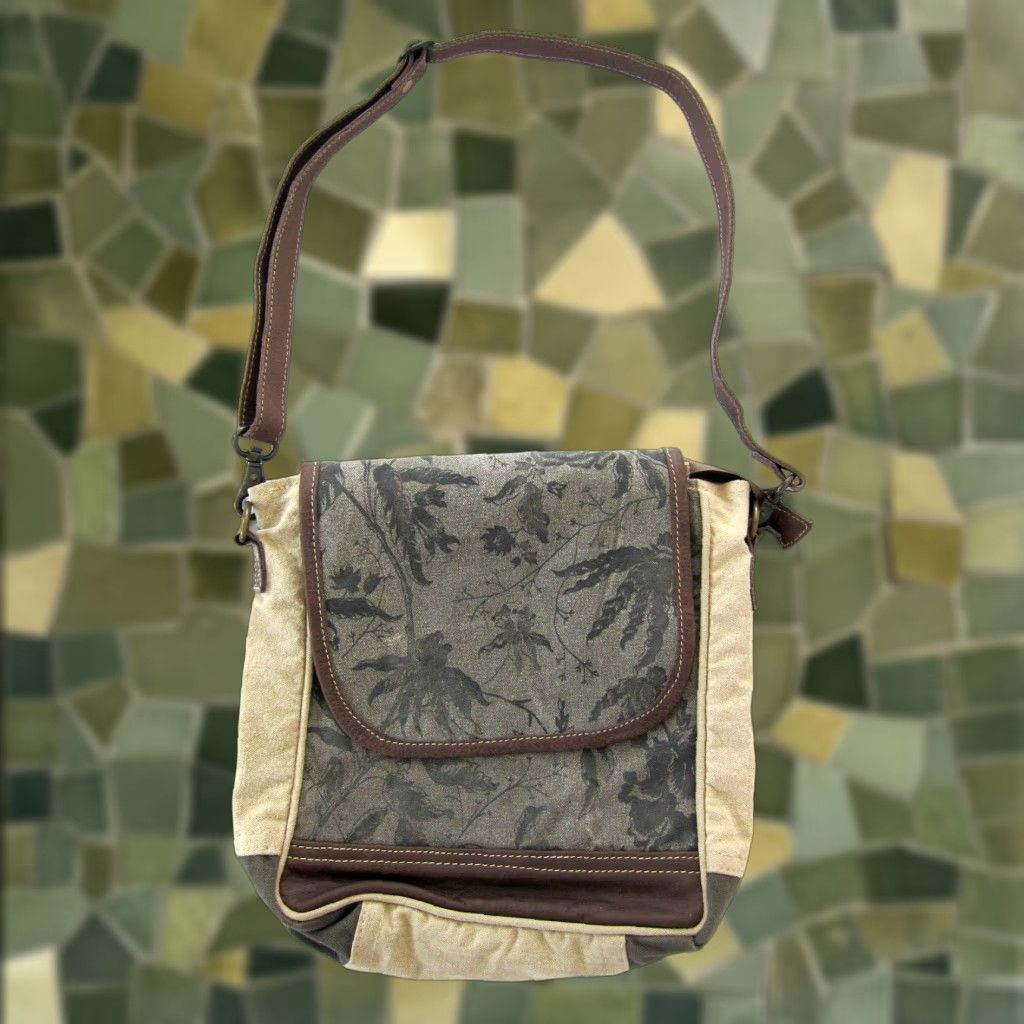 Vintage Myra Crossbody Satchel Purse Brown Beige Floral Canvas Leather 100% Cotton Leather Satchel Purse Size ONE SIZE - 1 Thumbnail