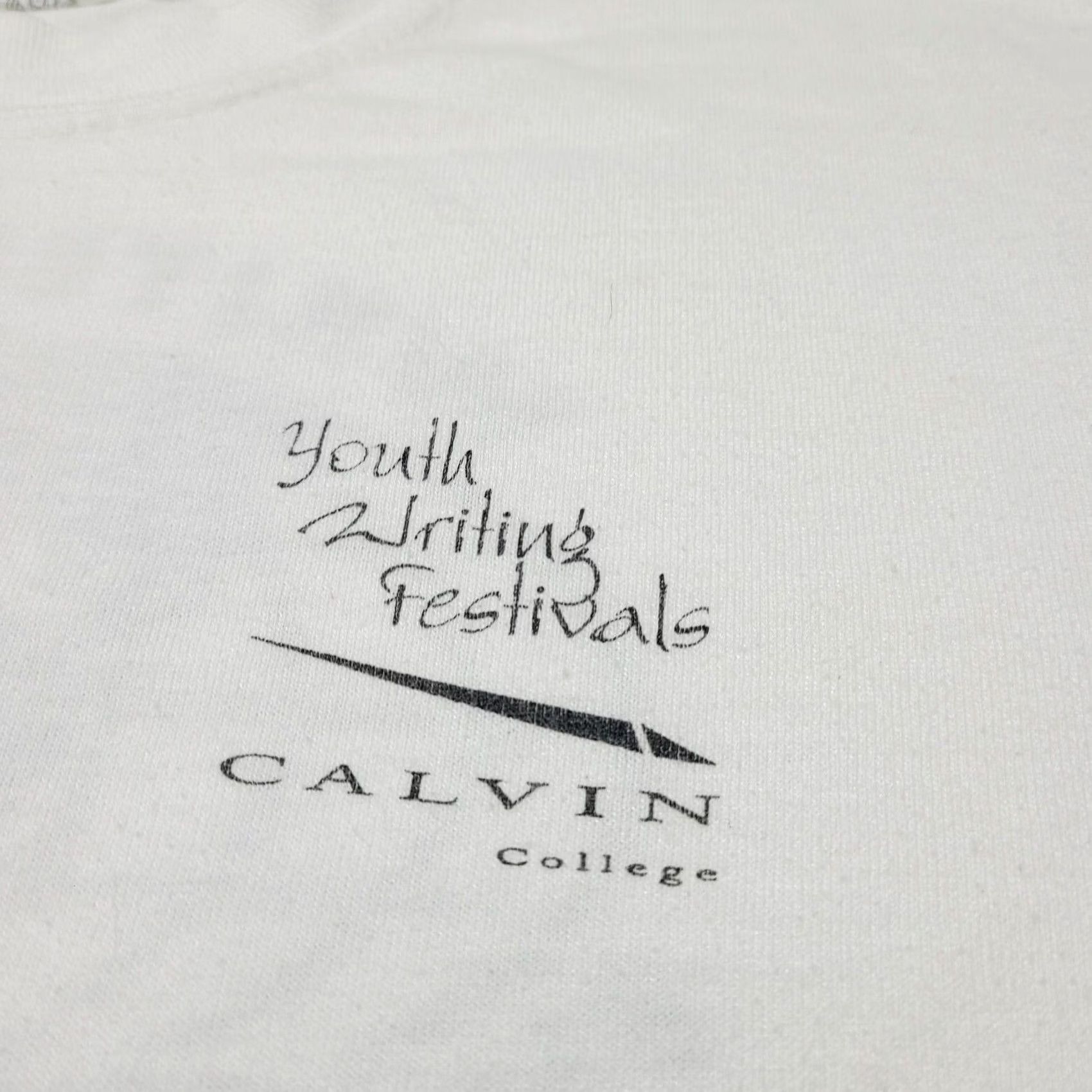 Jerzees VINTAGE Writers Have Endless Possibilities Shirt Men’s Medium White Calvin College T-Shirt Crew Neck Short Sleeve Logo Solid College Theme Mens M Size US M / EU 48-50 / 2 - 3 Thumbnail